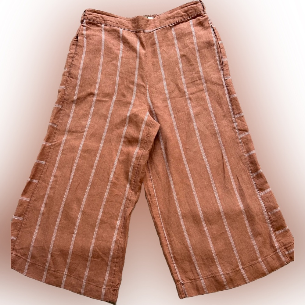 Anthropologie Linen Wide Leg Cropped Rust Tan Striped Pants Elastic Waste Sz MP